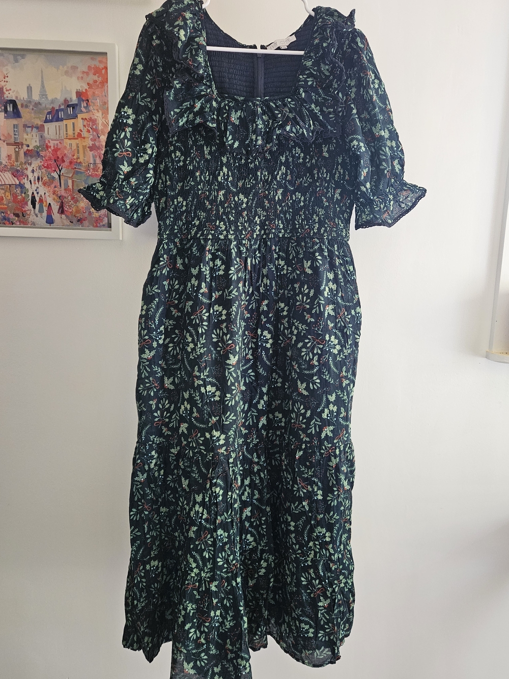 Ivy City Christmas Dress Floral Ruffle Smock Maxi Dress - Dark Green